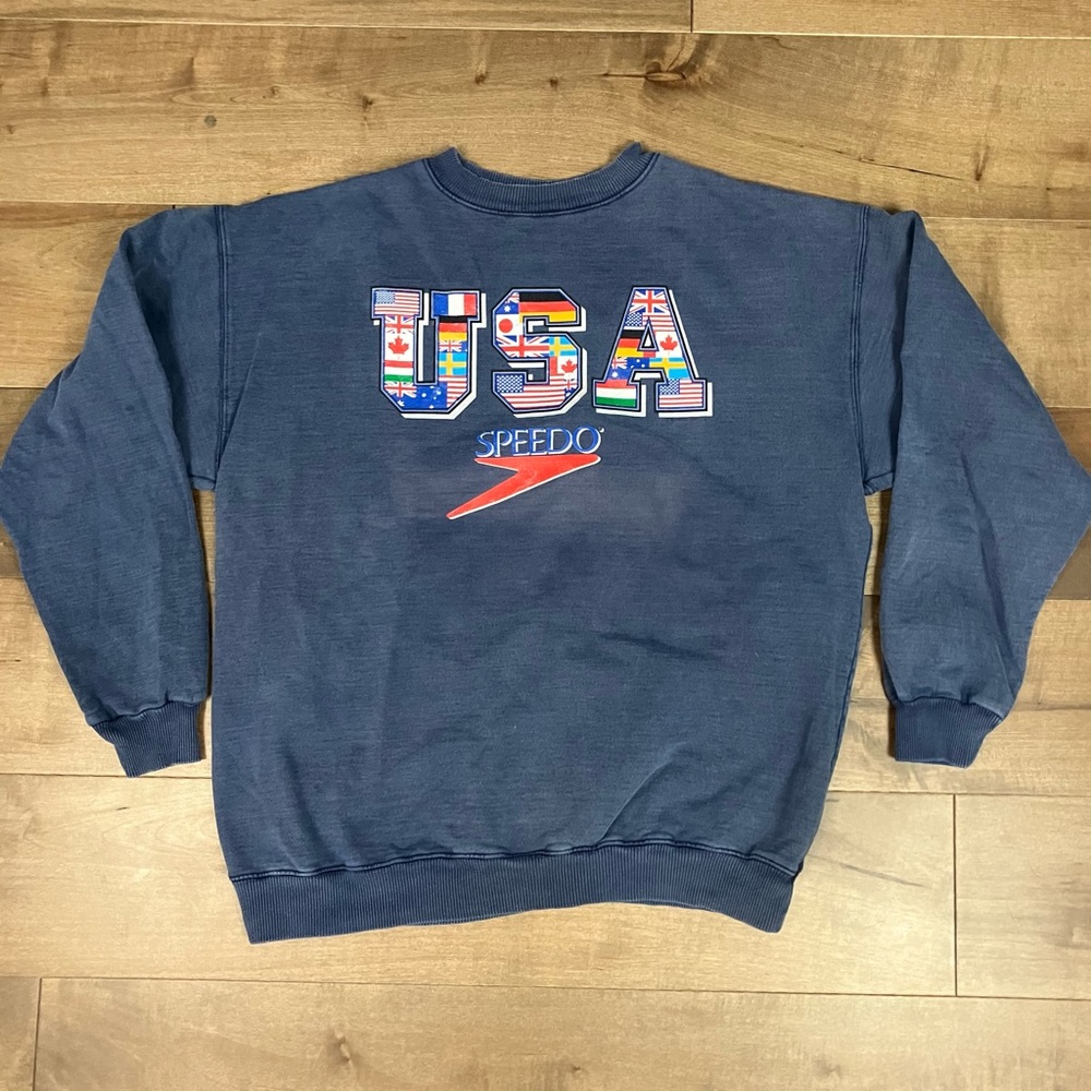 Vintage Speedo Men’s Size L USA Flags Blue Crewneck Sweater Logo